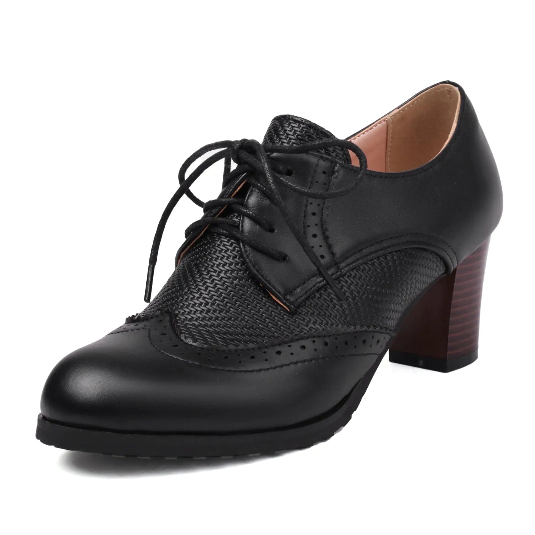 SHEMEE Chunky Wingtip Oxford Heels – Black (US 9.5)